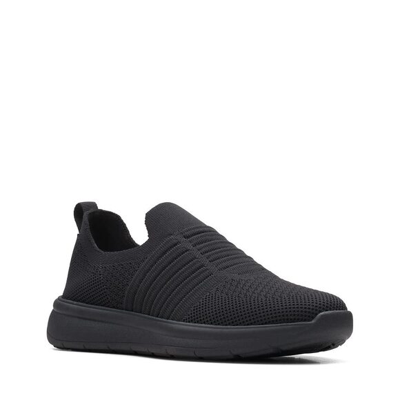 Clarks Ezera Black White Textile Walk Slip-On Cloud Steppers  NWT Clarks Women\'s Ezera Walk Black Knit Slip-On Sneaker – Size 6.5